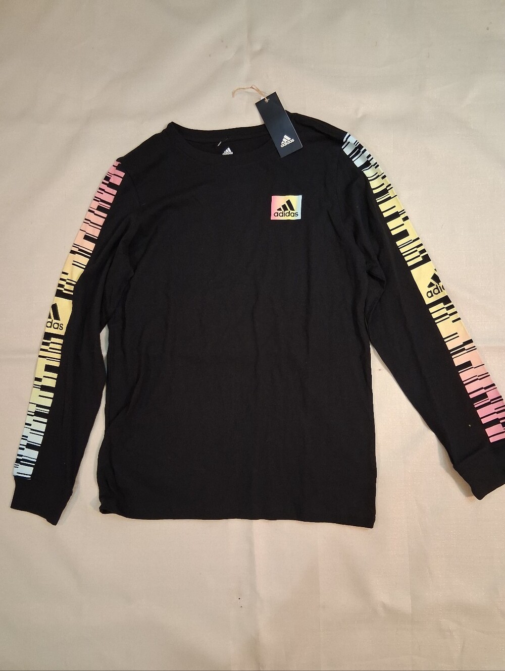 adidas Black Long Sleeve Tee with Rainbow Piano-Striped Sleeves